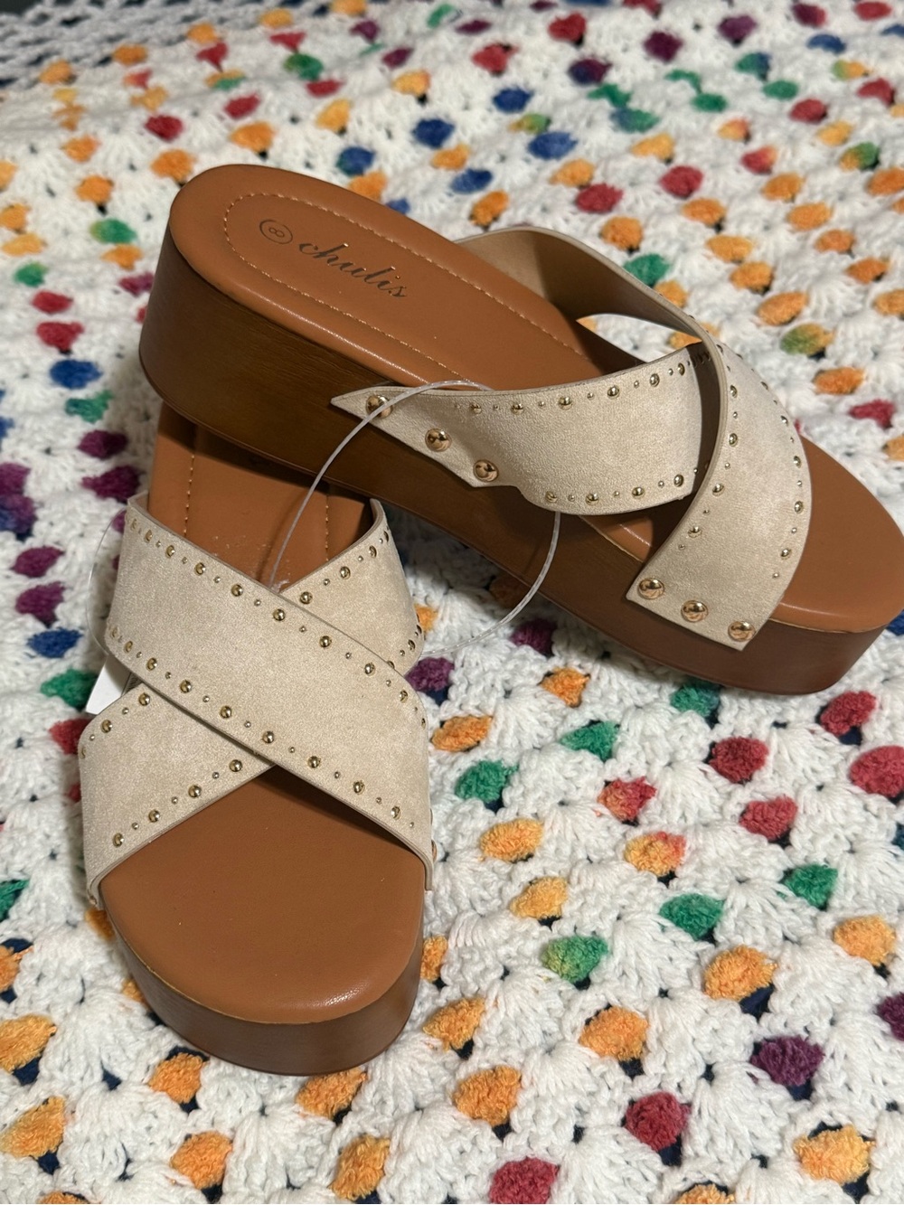 Chulis Cream Crisscross Platform Slide Sandals with Stud Detail